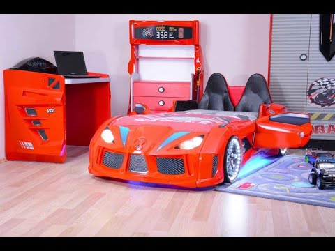 Lit voiture enfant futuriste noir à Led avec effets sonores 90x190 cm