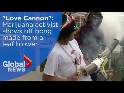 Marijuana activist shows off bong made from a leaf blower at 4/20 rally