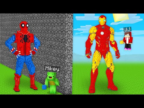 JJ and Mikey CHEATED with SPIDER MAN vs. IRON MAN Build Battle- Maizen Parody Video in Minecraft