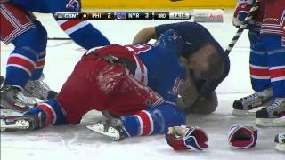 Marc Staal gets a slap shot in the face . Mar 5, 2013