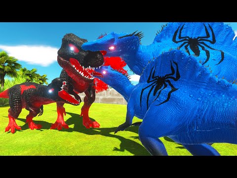 3x RED BATMAN T-REX vs 2x BLUE SPIDERMAN SPINO DEATH RUN - Animal Revolt Battle Simulator