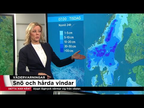 Snö och kraftiga vindar - prognosen för tisdagens hårda väder - Nyheterna (TV4)