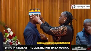 Emotional moment as Winnie Odinga consoles Raila Junior in Parliament where Raila's body is lying