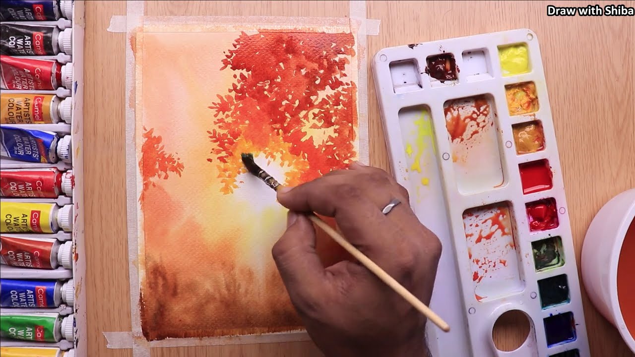 beautiful forest watercolor painting for beginners by draw with shiba