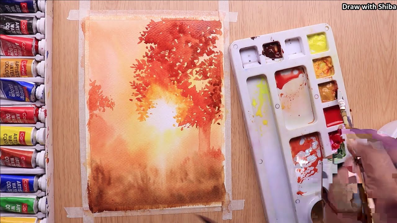 beautiful forest watercolor painting for beginners by draw with shiba