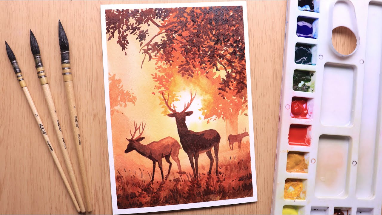 beautiful forest watercolor painting for beginners by draw with shiba