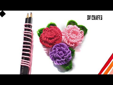 Superb Woolen Rose Making Idea with Pencil - Hand Embroidery Amazing Trick - DIy Woolen Flowers