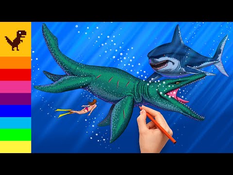 Pliosaurus, Megalodon & Diver Jurassic World Drawing & Coloring How to draw Dinosaur for Kids 공룡그리기