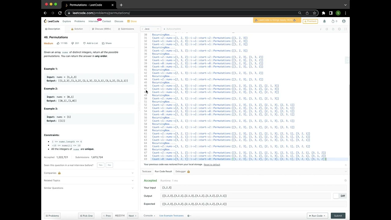 Permutations Leetcode problem solution in Java with Backtracking algorithm.