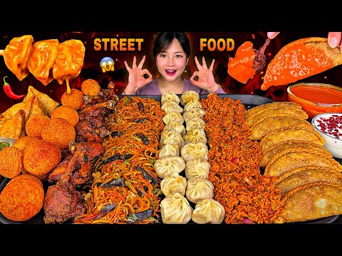 CRAZY NEPALI STREET FOOD😱🔥| Buff Momo🥟Chatpatey🌶️Chowmein🍝Panipuri, Lolipop🍗| SPICY MUKBANG |