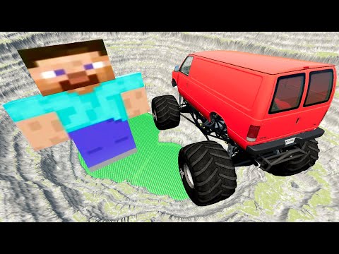 Leap Of Death Car Jumps & Falls Into Green Slime Pit with Steve From Minecraft - BeamNG.drive