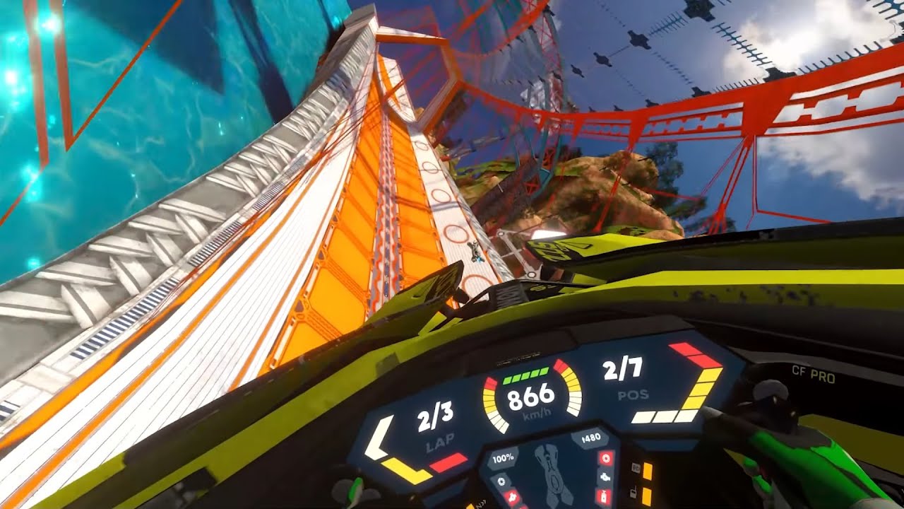 First-person cockpit view from the original Omega Pilot, climbing a steep orange track at 866 km/h