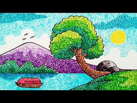 How to Draw an Easy Mountain Lake Scenery with the Squiggling Color Pen Drawing Technique