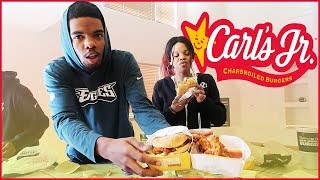 Carls Jr Cheese Burger & Chicken Tender MUKBANG! - Mav3riq Fam Mukbang #4