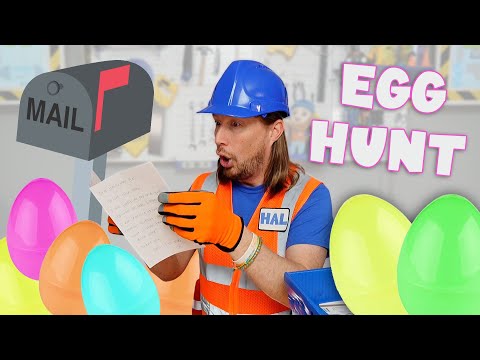 Construction worker in a blue hard hat and orange vest reads a handwritten note beside colorful Easter eggs; 'EGG HUNT' text on screen.