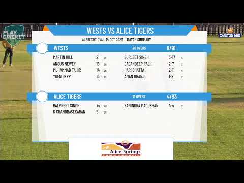 Alice Springs Cricket Association - Carlton MID A Grade - Round 2 - Wests v Alice Tigers