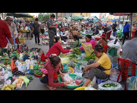 Early Morning Food Market Scene - Plenty Fresh Vegetable, Chicken, Beef, Pork & More Food In Market