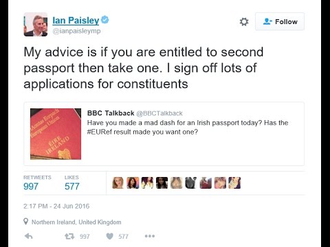 #Brexit: 'Irish passport not a passport, it is a European travel document' says Ian Paisley MP