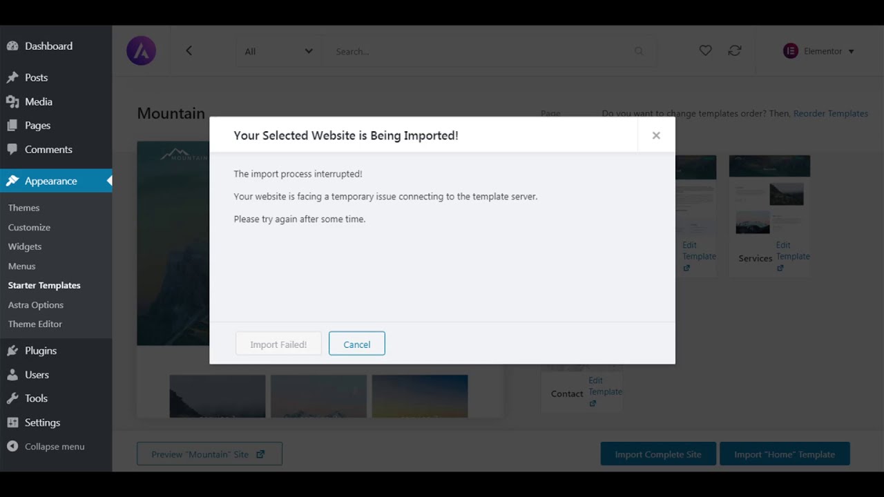 Astra Theme Import error