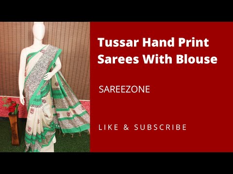 Hand printed tussar raw silk saree, 6.3 m (with blouse piece...