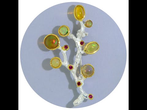 Brosa Argint 925 Accente Aurite Opal Granat Rodolit Naturale Ramura - Eleganta si Delicatete
