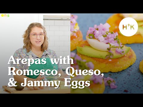 Arepas with Romesco, Queso Fresco, and Jammy Eggs | 30 Min Breakfast Recipe