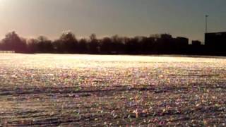 A field of glass (ice on the grass) in the rising sun.