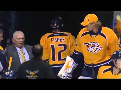 Francois Beauchemin monster hit on Fisher w/ replay (Oct 29, 2011)