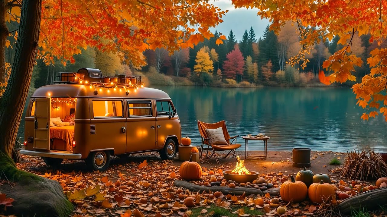 Nostalgic Jazz Piano Music 🍂 Cozy Autumn Lakeside Ambience ~ Warm Jazz Music & Falling Autumn Leaves