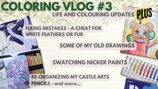 Coloring Vlog #4 - life and colouring updates, old drawings, a cheat for white feathers, swatching +