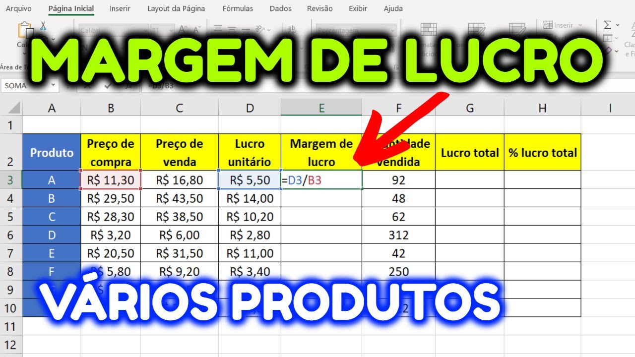 Como Calcular Margem de Lucro de vários produtos no Excel
