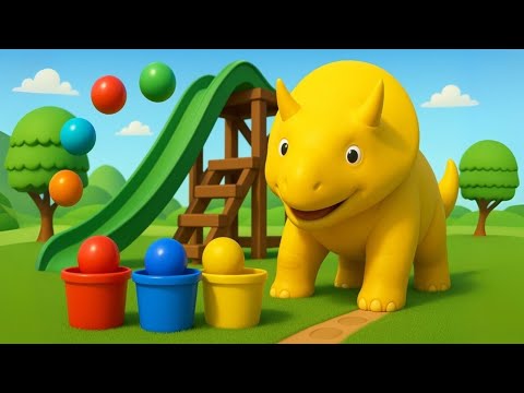 Lerne Farben - Dino spielt mit Flummis und lernt Farben