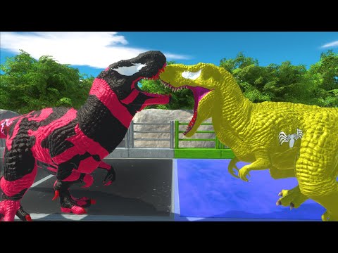 CARNAGE T-REX VS YELLOW VENOM T-REX DEATH RUN JUNGLE-Animal Revolt Battle Simulator