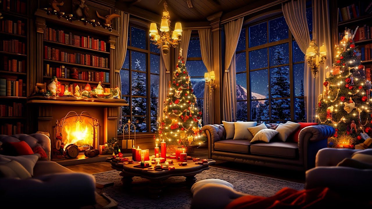 Relaxing Christmas Jazz Music and Cozy Fireplace Sound In Cozy Christmas Room For Relax, Sleep