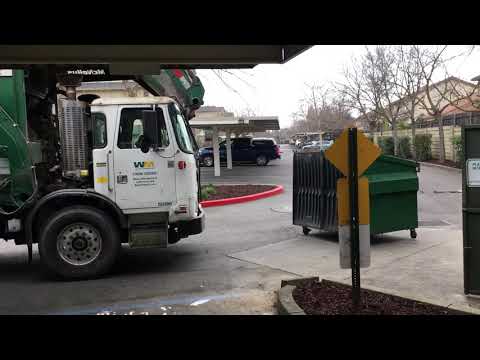 Huge Garbage Truck Picking Up Trash Bin and Dumping it Into it’s Hopper