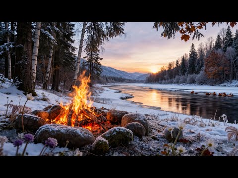 Tranquil Winter Sunset by the Campfire ❄ Relaxing River & Fire Sounds