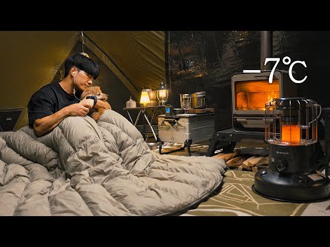 -7℃ Hot Tent Camping with My Dog . Korean Baeksook & Kimchi . Wood Stove ASMR