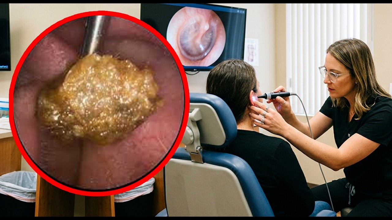 耳から途方もない耳垢が出て、皮が剥がれています (Remove moist earwax blocking the right earRemoção de cera úmida ouvidos)