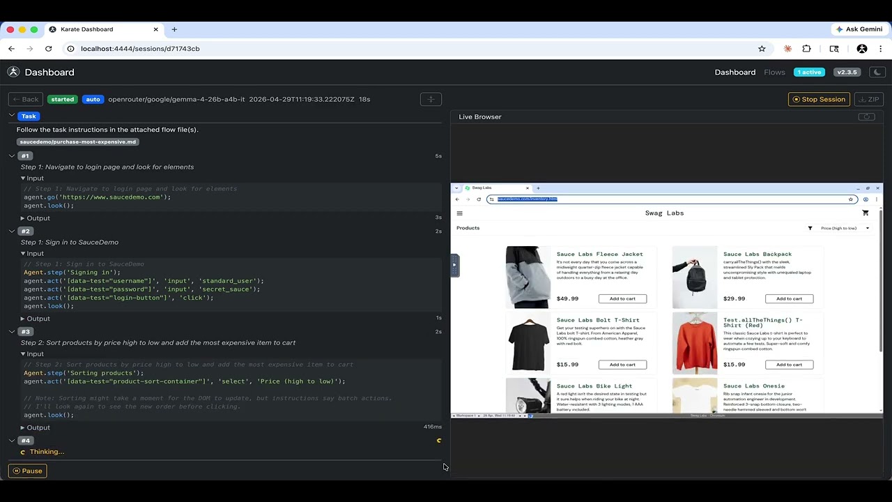 Watch: an autonomous job driven by self-hosted Gemma completes a saucedemo purchase