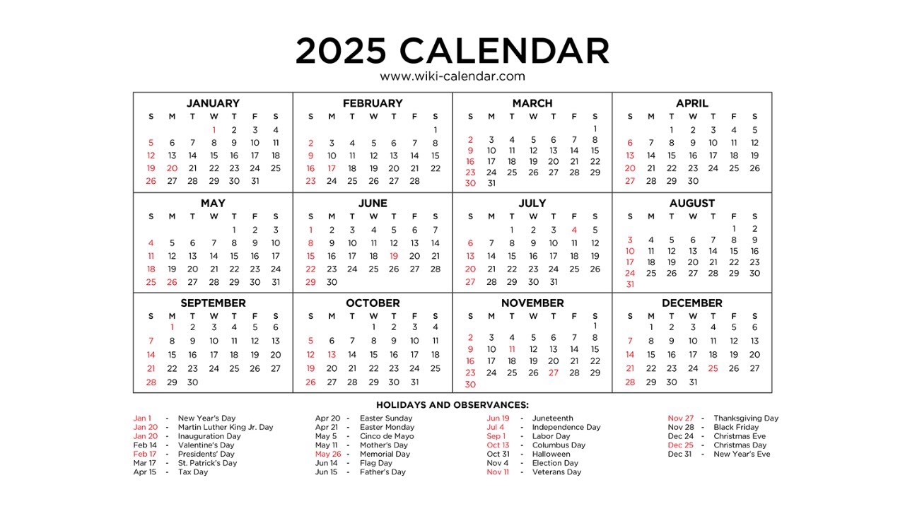 Year 2025 Calendar Printable with Holidays - Wiki Calendar