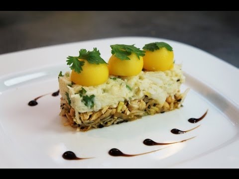 Recette d'entrée : crabe fondant citronné, coriandre, mangue et cajou