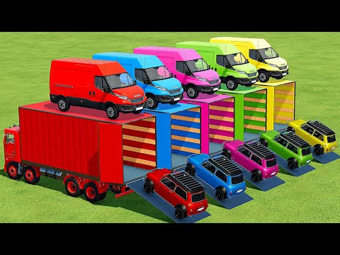 TRANSPORTING IVECO & MINI COOPER COLORED CARS WITH LIZARD TRUCKS - Farming Simulator 22