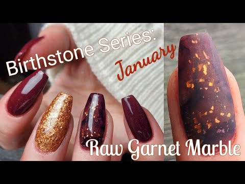 Birthstone Series: January ~ Raw Garnet Marble with Dip Powder and Builder Gel in Nail Form.