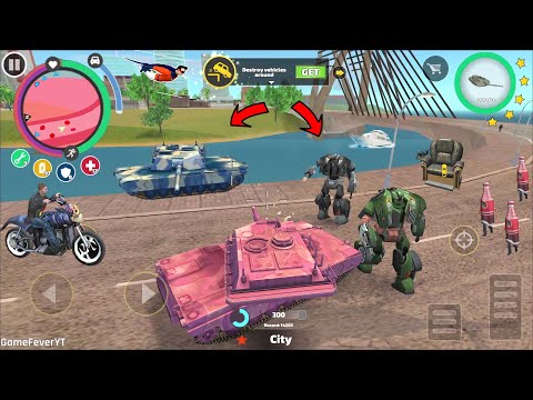 Rope Hero Vice Town - (Pink Tank Fight Dual Robot Car Police on Bridge) Red SuperHero Drive Car Ball