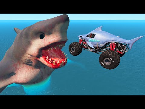 Jumping Monster Truck from the Ramp into the Giant Mouth of Hungry Shark - BeamNG.Drive