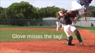 preview picture of video 'Alex Vallejo jumps over catcher to avoid tag at home plate'