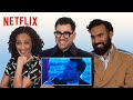Dan Levy, Ruth Negga, and Himesh Patel React to Scenes from Good Grief | Netflix