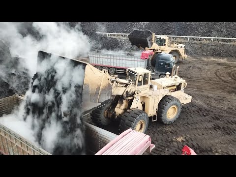 Caterpillar 992B And 990 Wheel Loaders Loading Coal On Trucks - S.G.M Melidis
