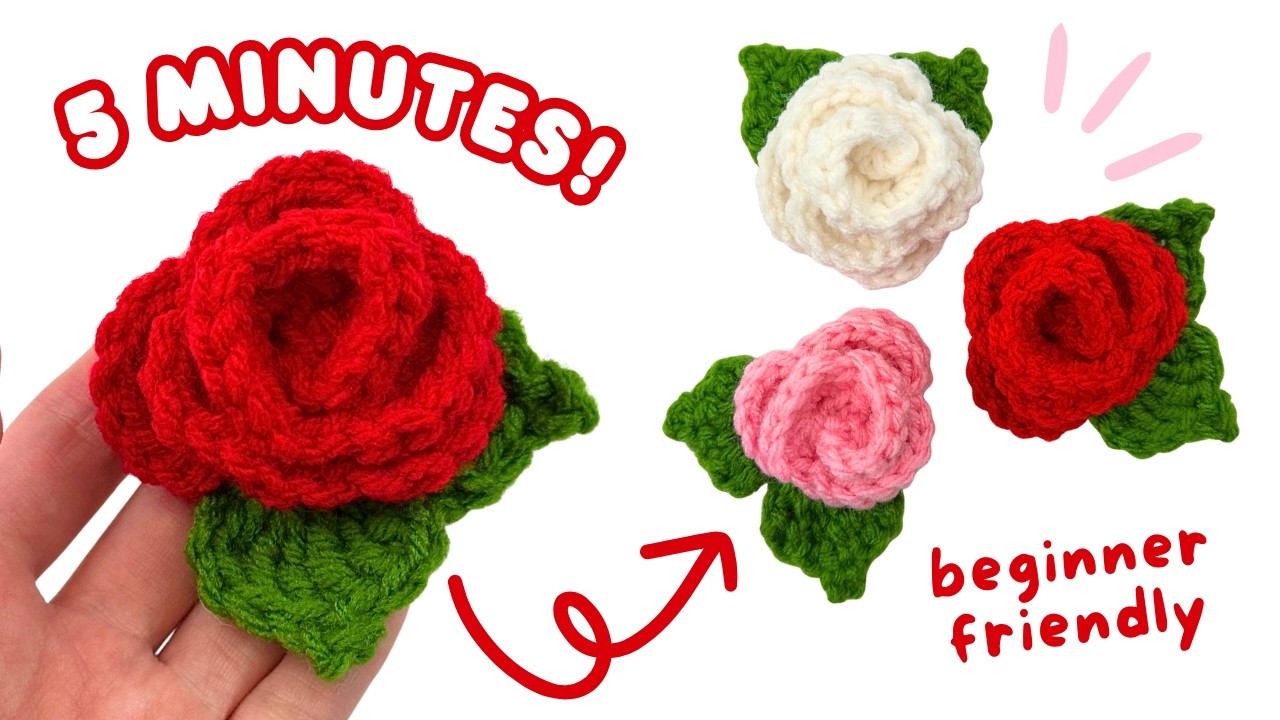 how to crochet a mini rose for BEGINNERS ♡ 5 MINUTES | easy crochet flower tutorial 🌹