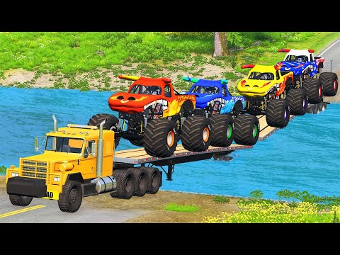 Monster Trucks Speed Bumps Flatbed Long Trailer Truck Car Rescue - Cars vs Deep Water - BeamNG.drive